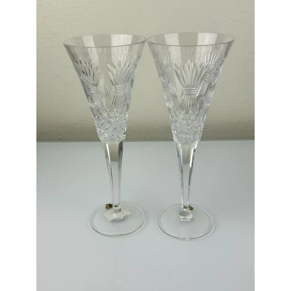 2 Waterford Crystal Millennium Wheat PROSPERITY Toasting Champagne Flutes 9.25" - Picture 2 of 16